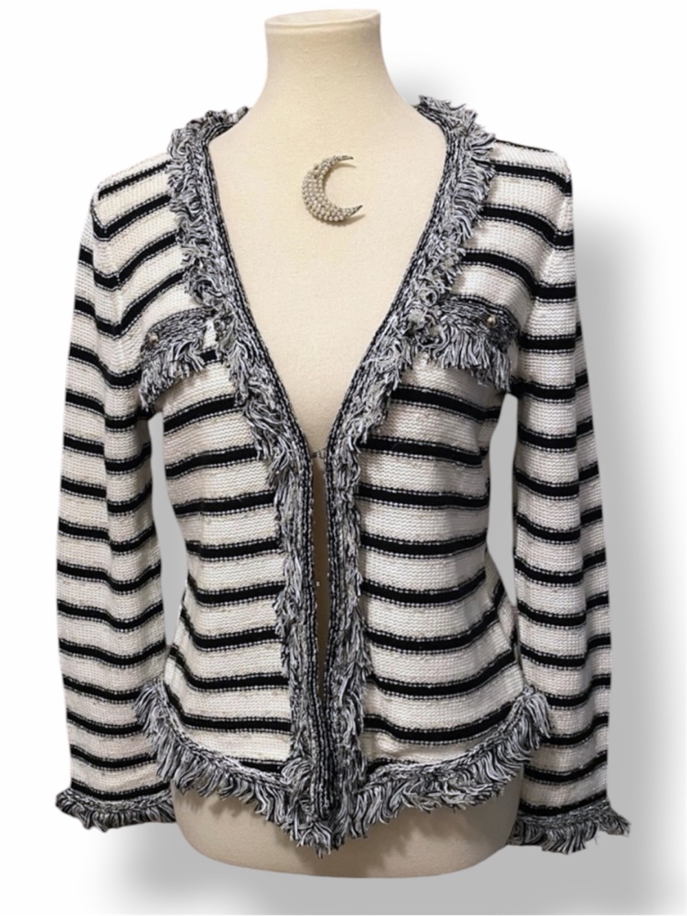 Cache Black & White Striped Knit Fringe Cardigan Sweater Medium VGUC